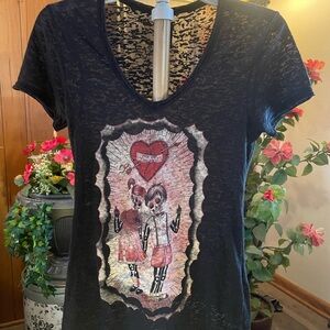 Sourpuss Black Graphic Tee with Heart Design